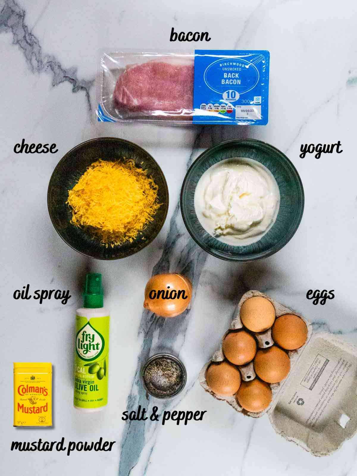 labelled ingredients for crustless bacon and egg pie