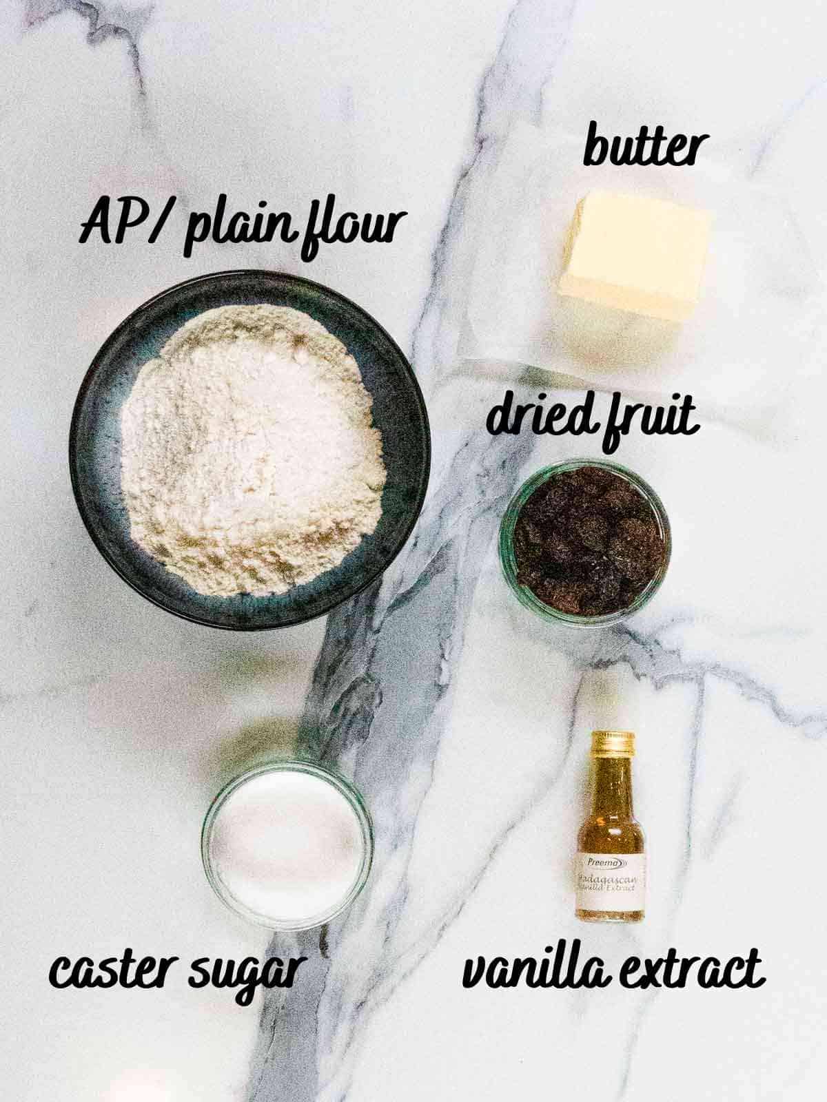 labelled ingredients for shortbread biscuits