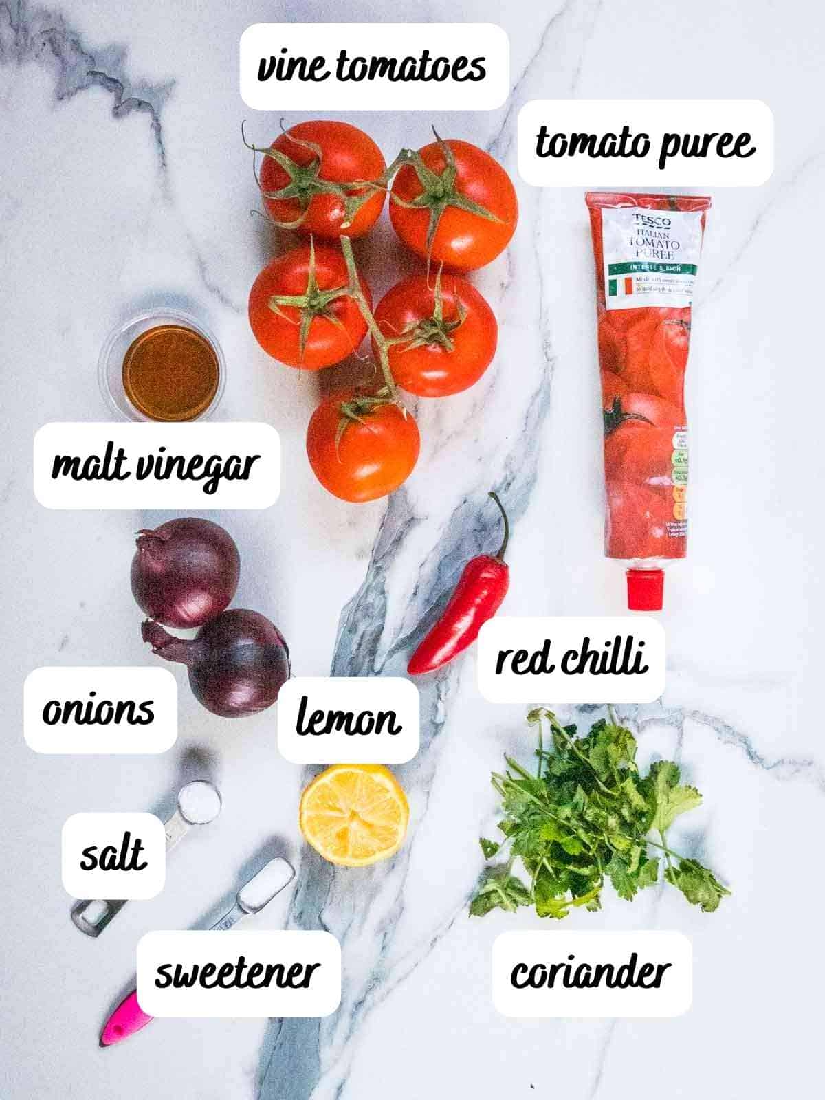 labelled ingredients for quick tomato salsa