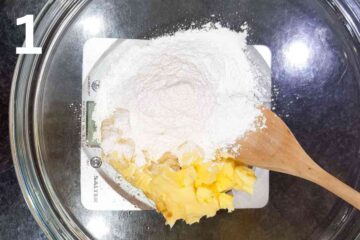 flour, sugar and butter in a large mixing bowl sat on kitchen scaled before mixing