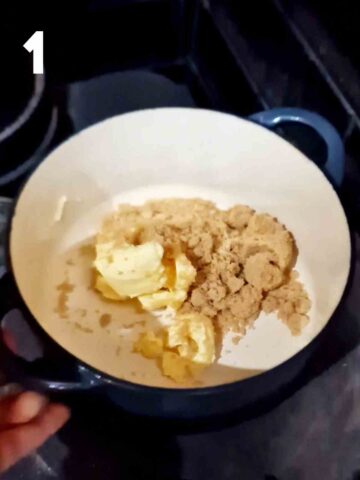 butter and light brown soft sugar in a cast iron dish before slowly melting on a stove