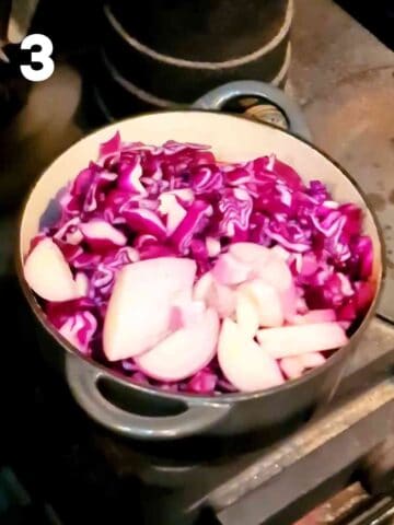 shredded red cabbage and sliced shallots with mincemeat and mulled wine before covering and gently slow cooking on a stove