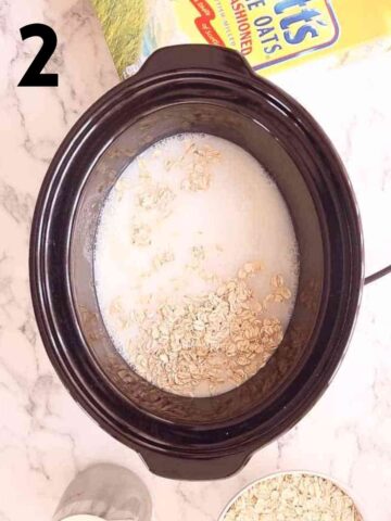 jumbo oats in a slow cooker with cups of liquid