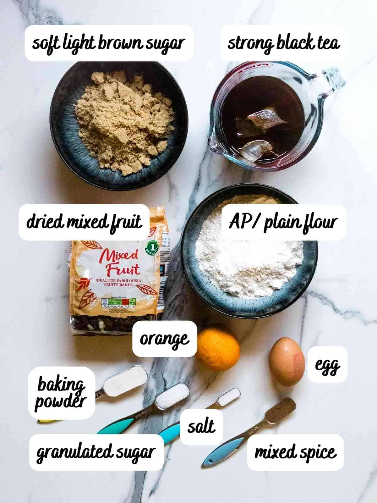 labelled ingredients for Irish fruit loaf