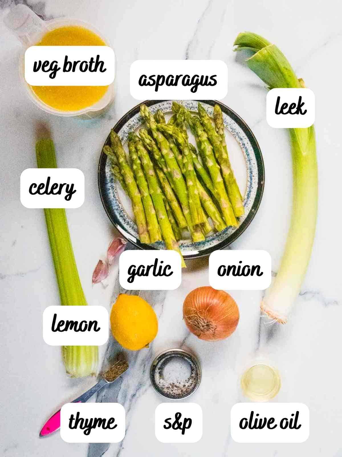 labelled ingredients for vegan asparagus soup