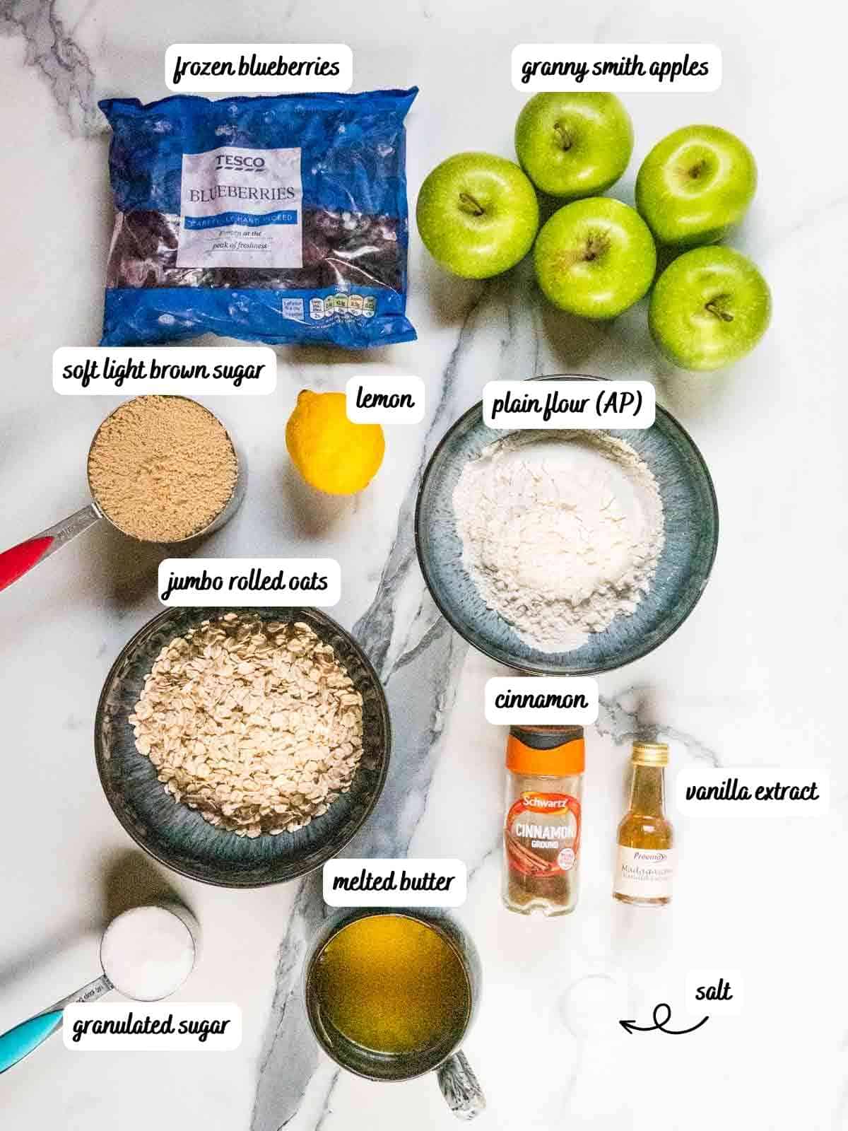 labelled apple blueberry crumble ingredients