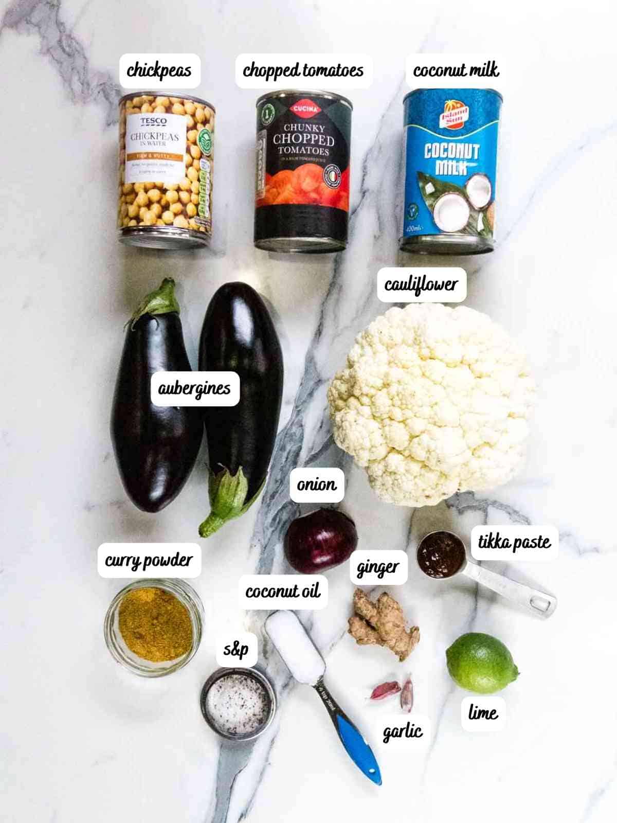 labelled ingredients for vegan aubergine chickpea curry