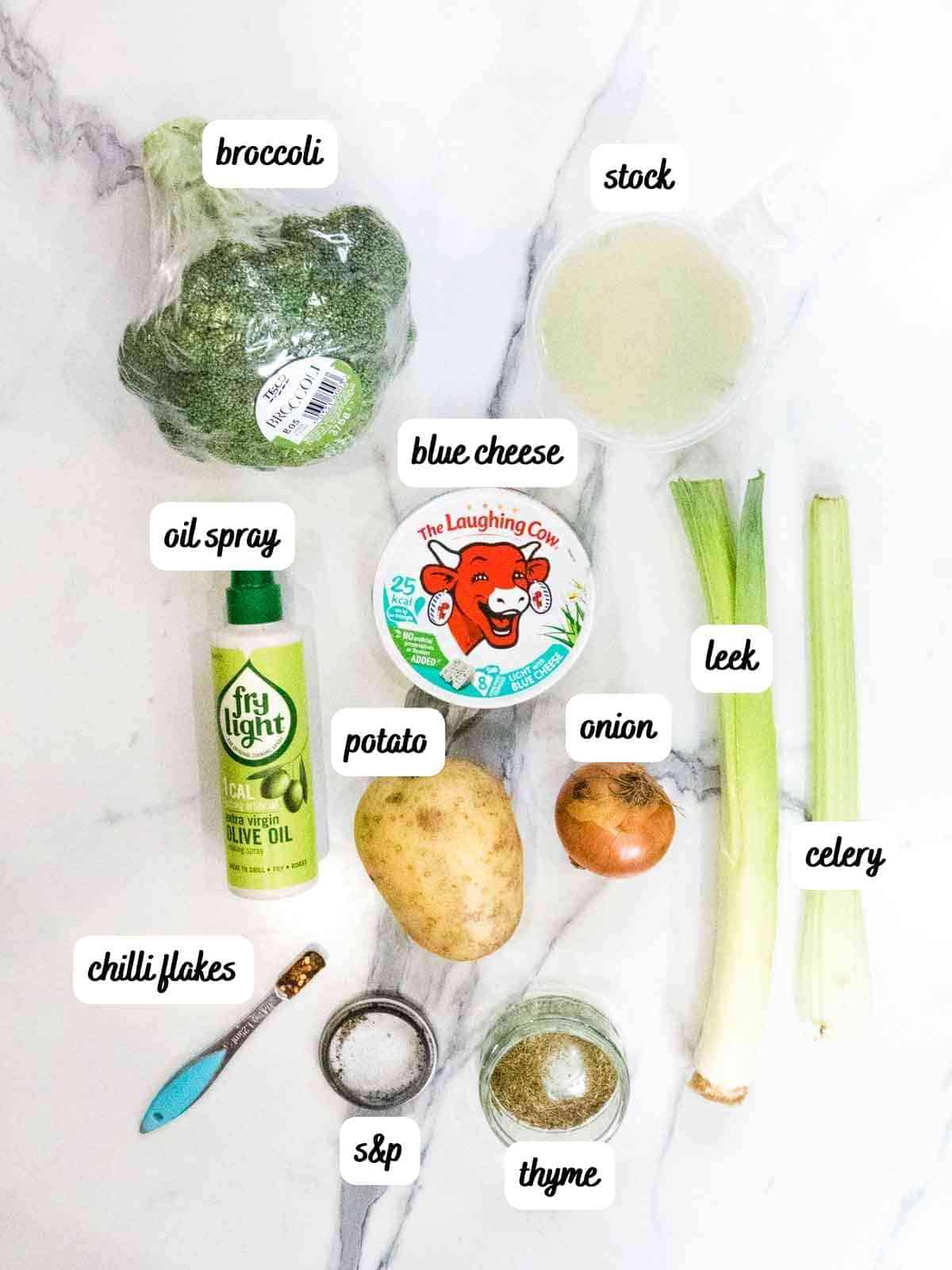 labelled ingredients for broccoli stilton soup