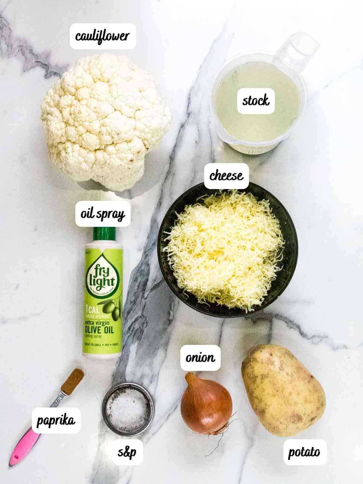 labelled ingredients for cauliflower and cheese soup recipe