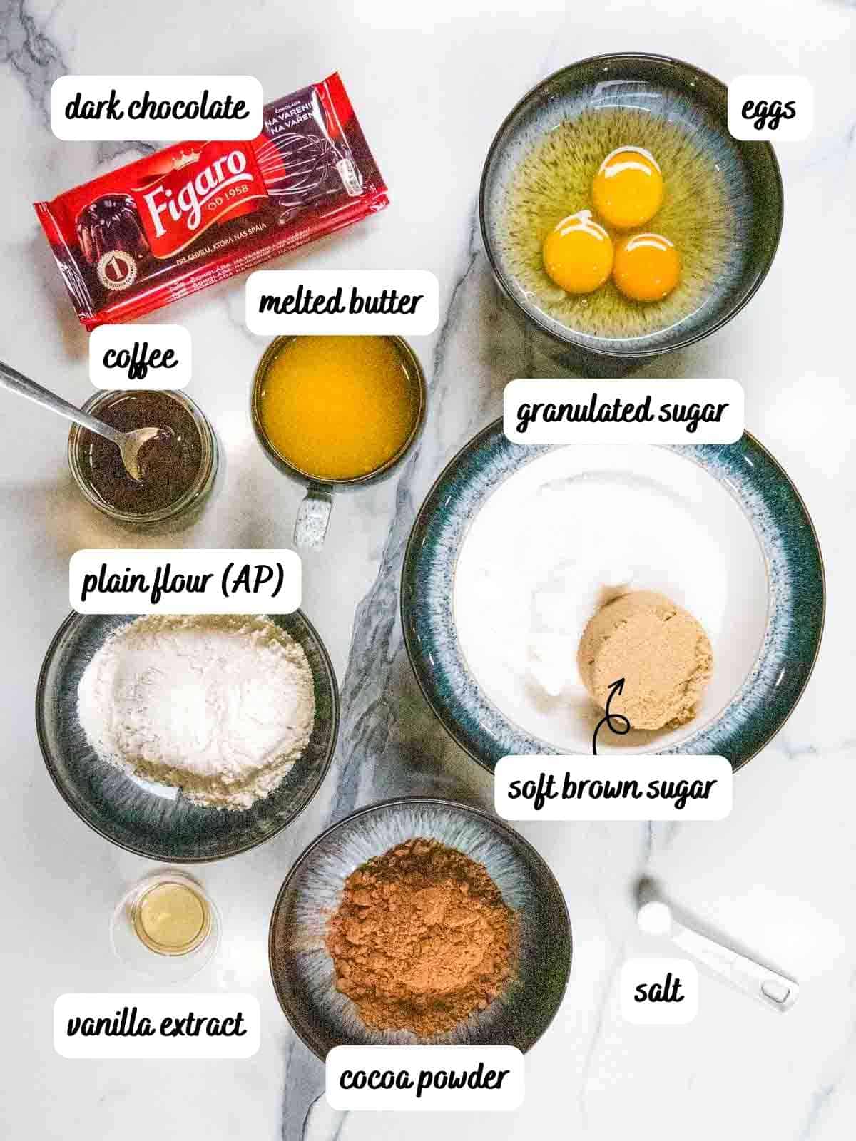 labelled ingredients for coffee chocolate brownies