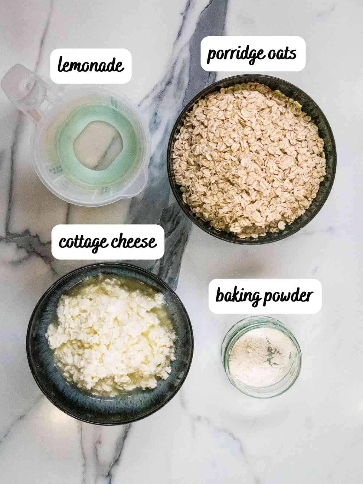 labelled ingredients for healthy oatmeal cottage cheese scones with lemonade and cottage cheese