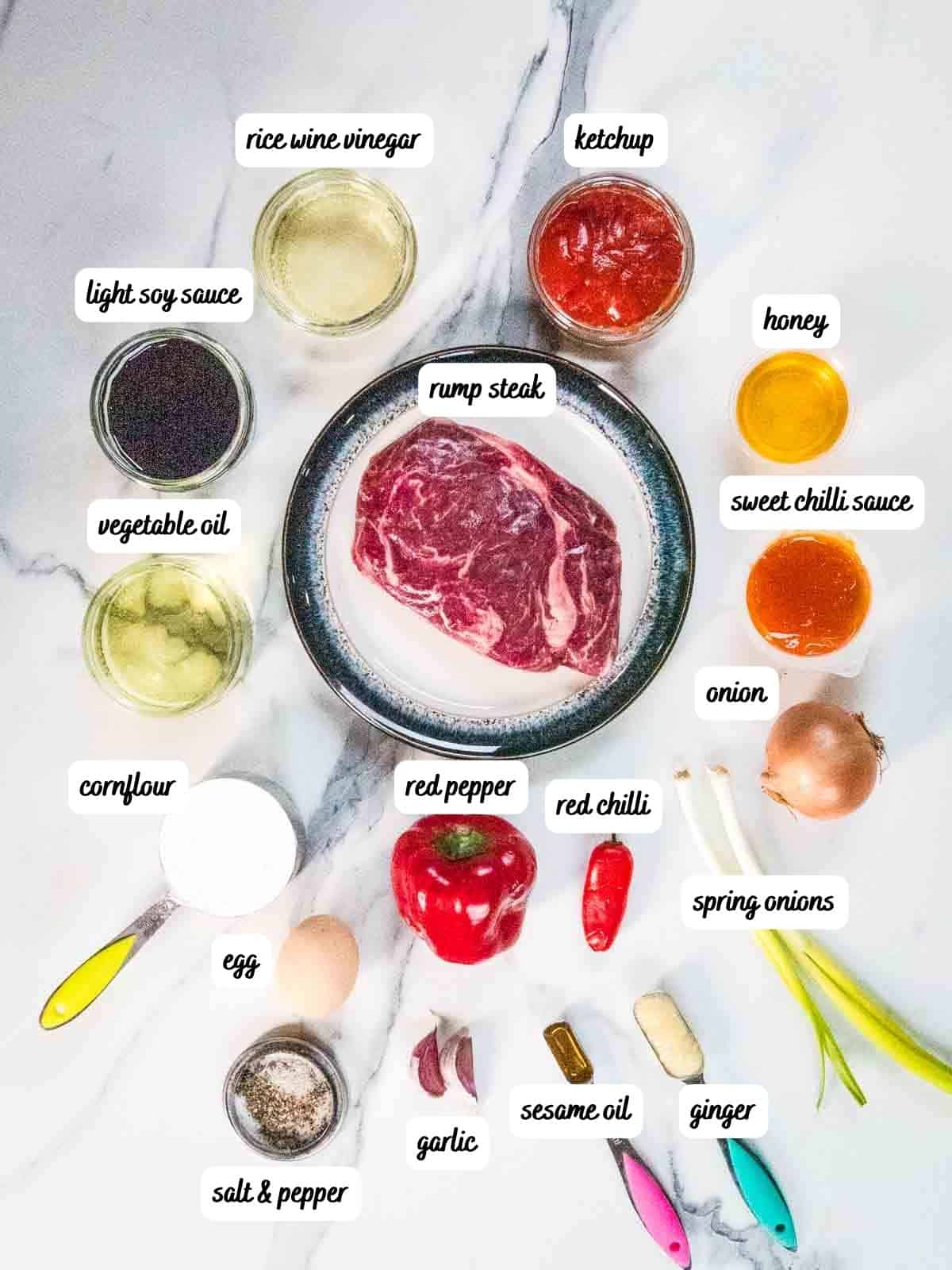 labelled ingredients for easy crispy chilli beef takeaway recipe