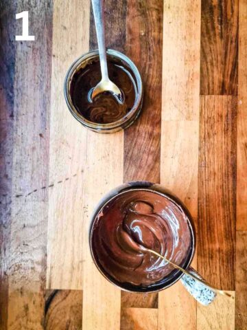 person stirring melted dark chocolate in a cup and instant coffee with boiling water in a small bowl