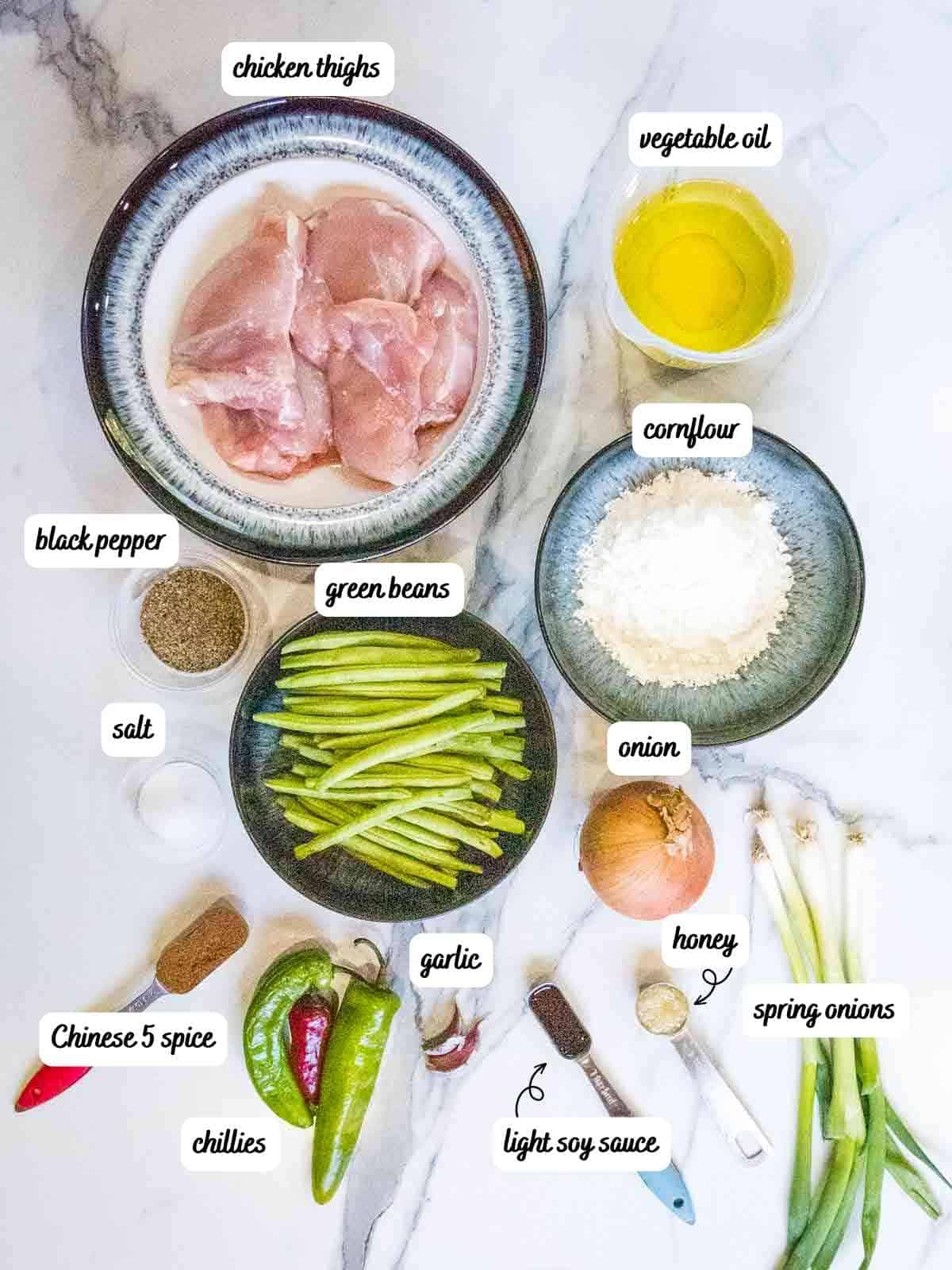 labelled ingredients for homemade salt and pepper chicken takeaway recipe