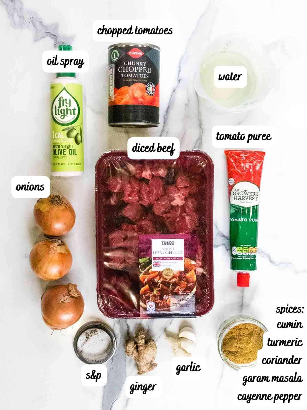 labelled ingredients for slow cooker beef curry