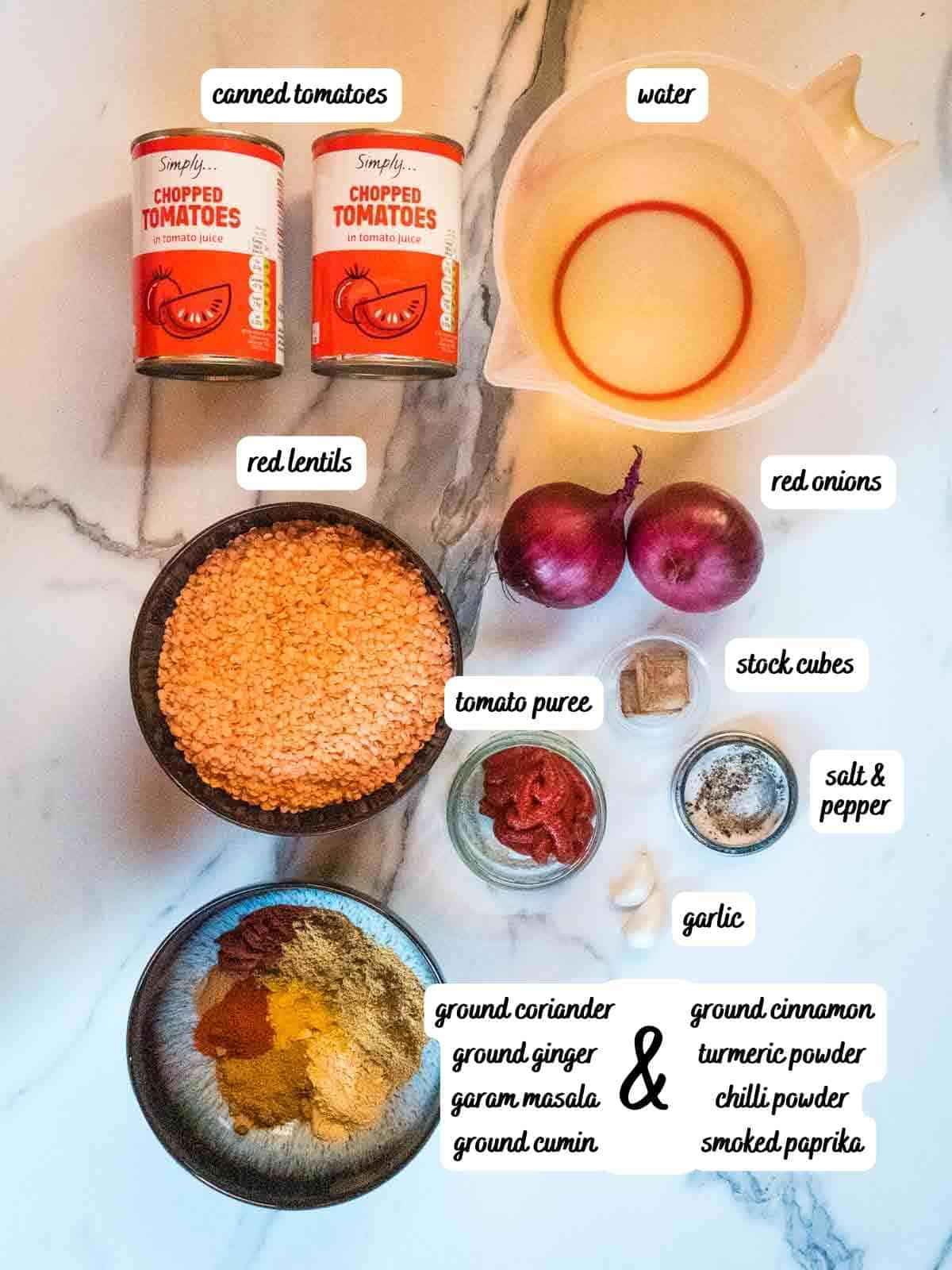 labelled ingredients for slow cooker red lentil cury