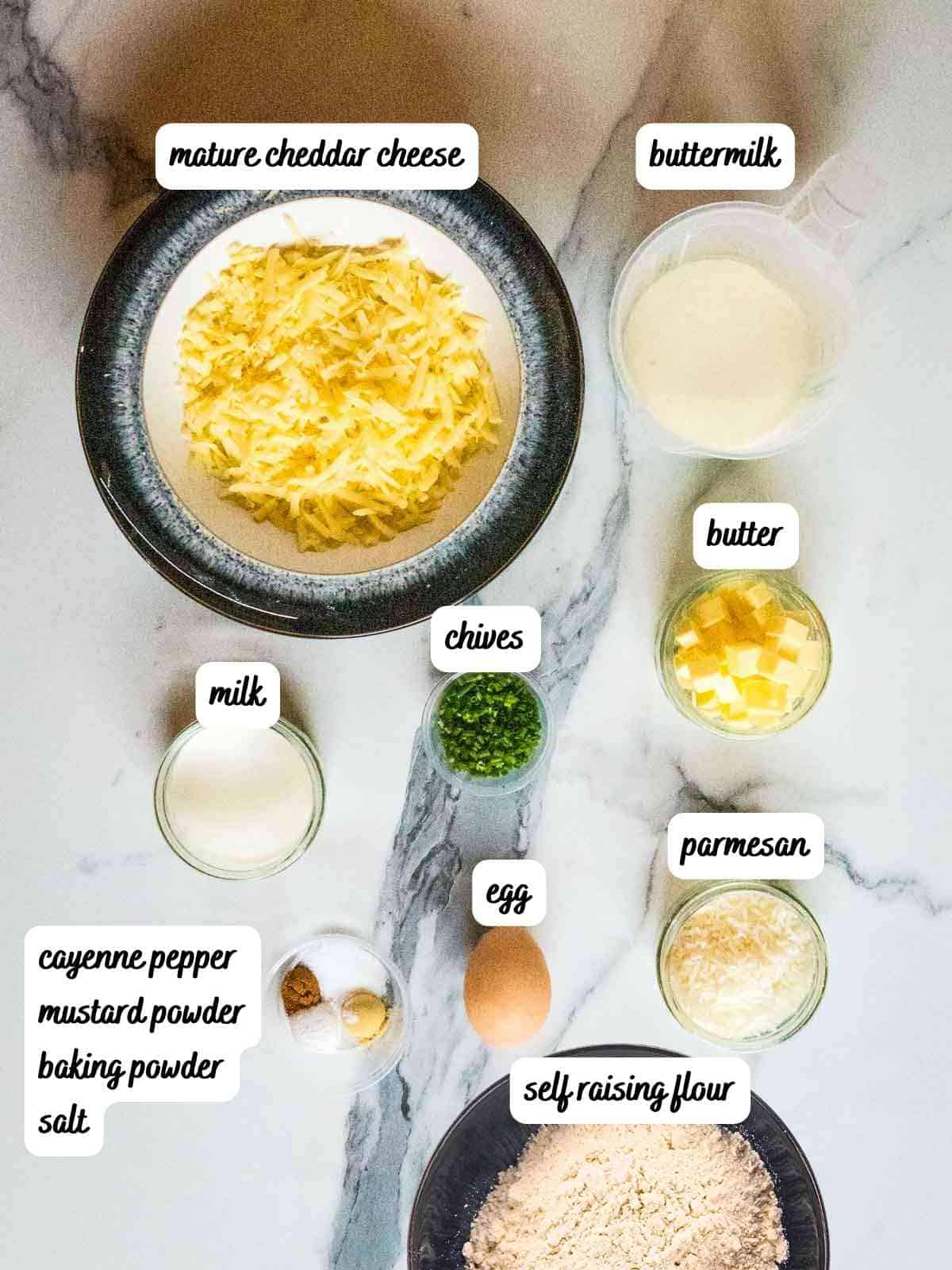 labelled ingredients for cheesy scones made with buttermilk