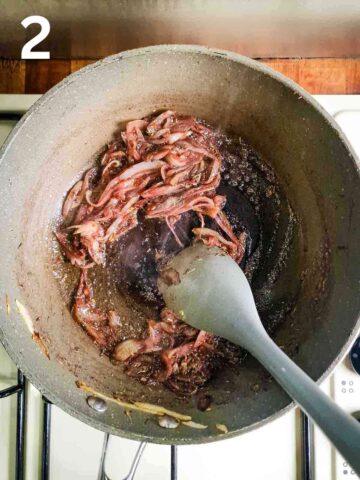 person caramelising onions in pork and balsamic vinegar in pan