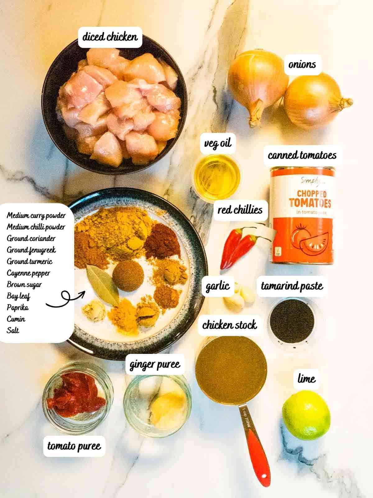 labelled ingredients for easy chicken pathia Indian curry