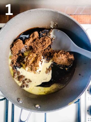 person melting butter, black treacle, golden syrup and soft brown sugar in a large pan on stovetop