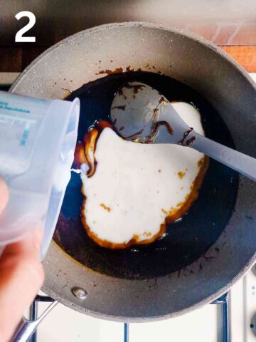 person pouring cold milk into syrup mixture to make ginger cake