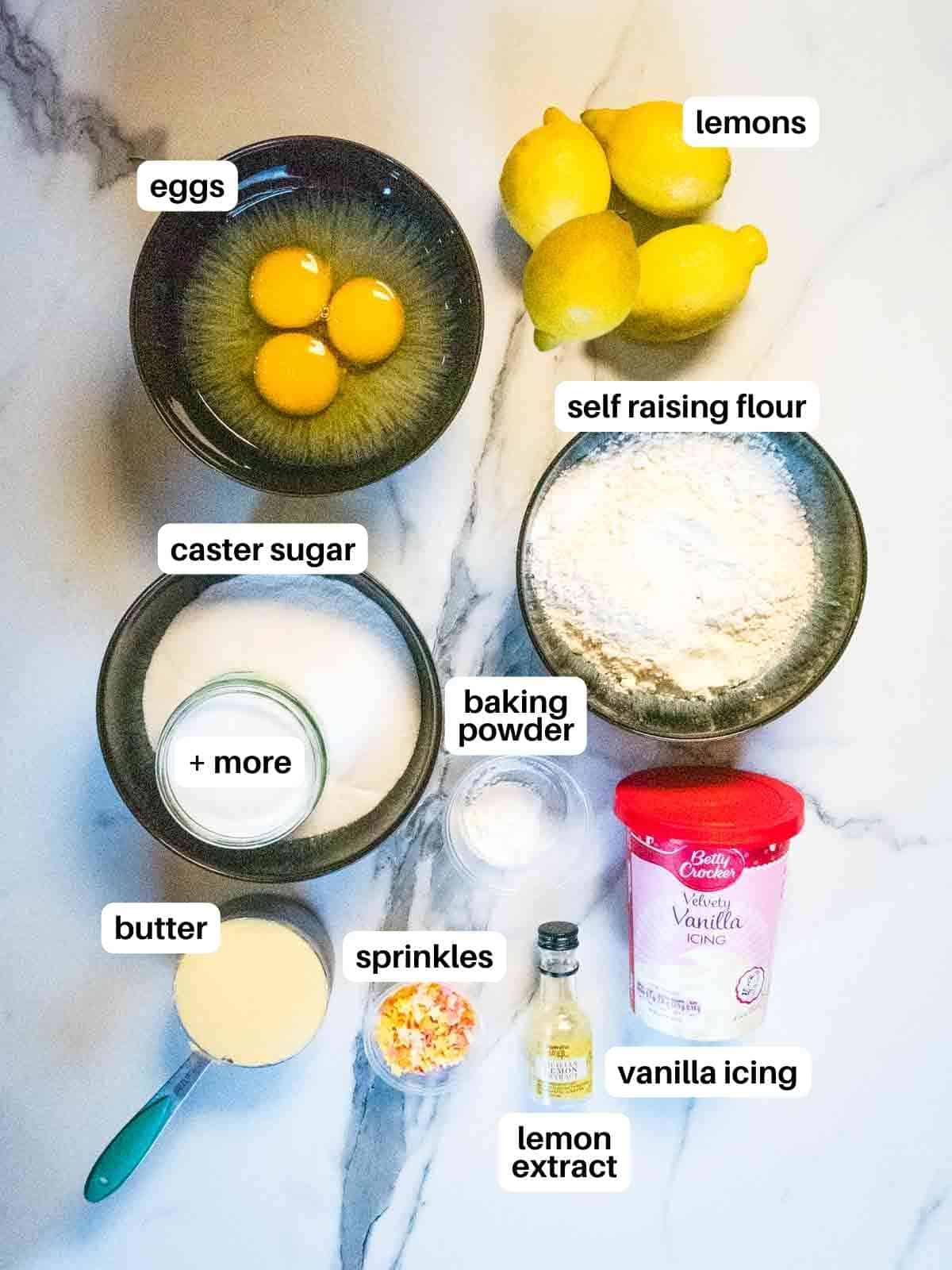 labelled ingredients for small lemon drizzle buns