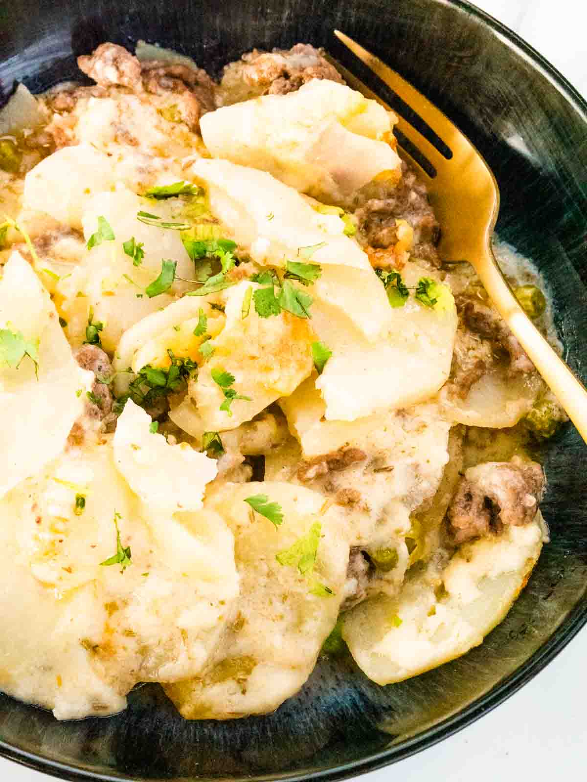 close up of beef mince and potato bake in black Denby Halo bowl with gold fork