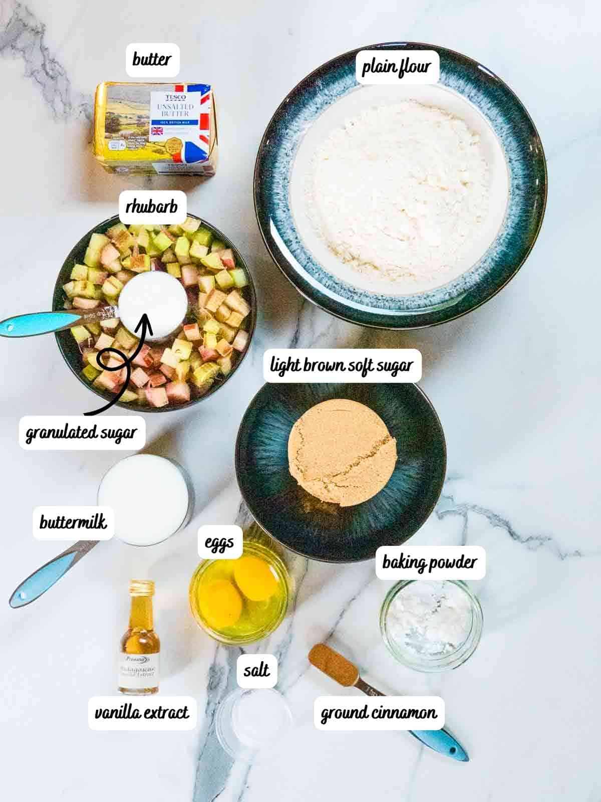 labelled ingredients for rhubarb crumble cake