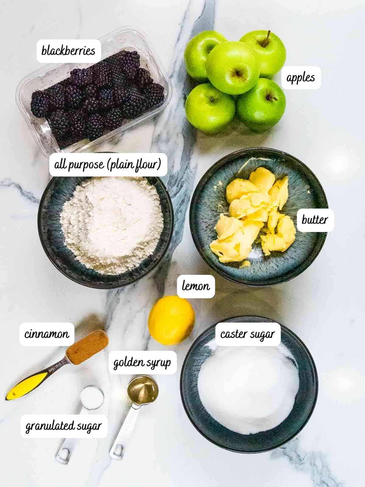 labelled ingredients needed for easy blackberry apple crumble recipe