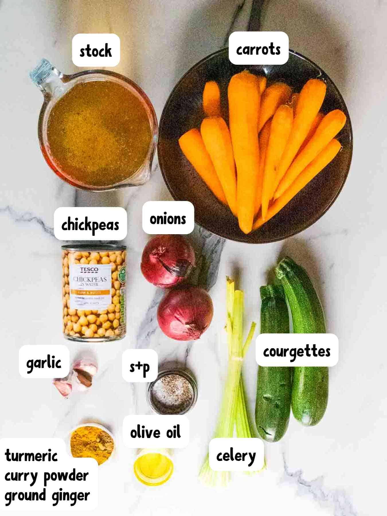 labelled ingredients needed for healthy carrot and coriander soup