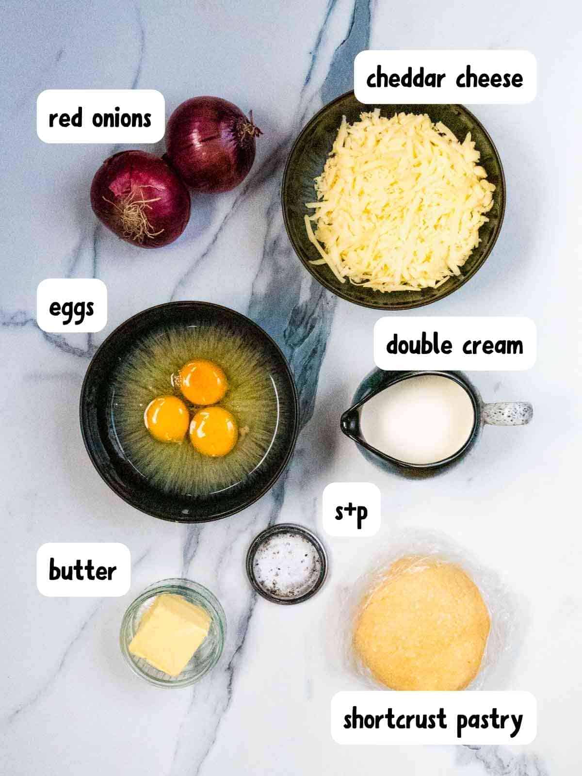 labelled ingredients needed for quiche made from scratch