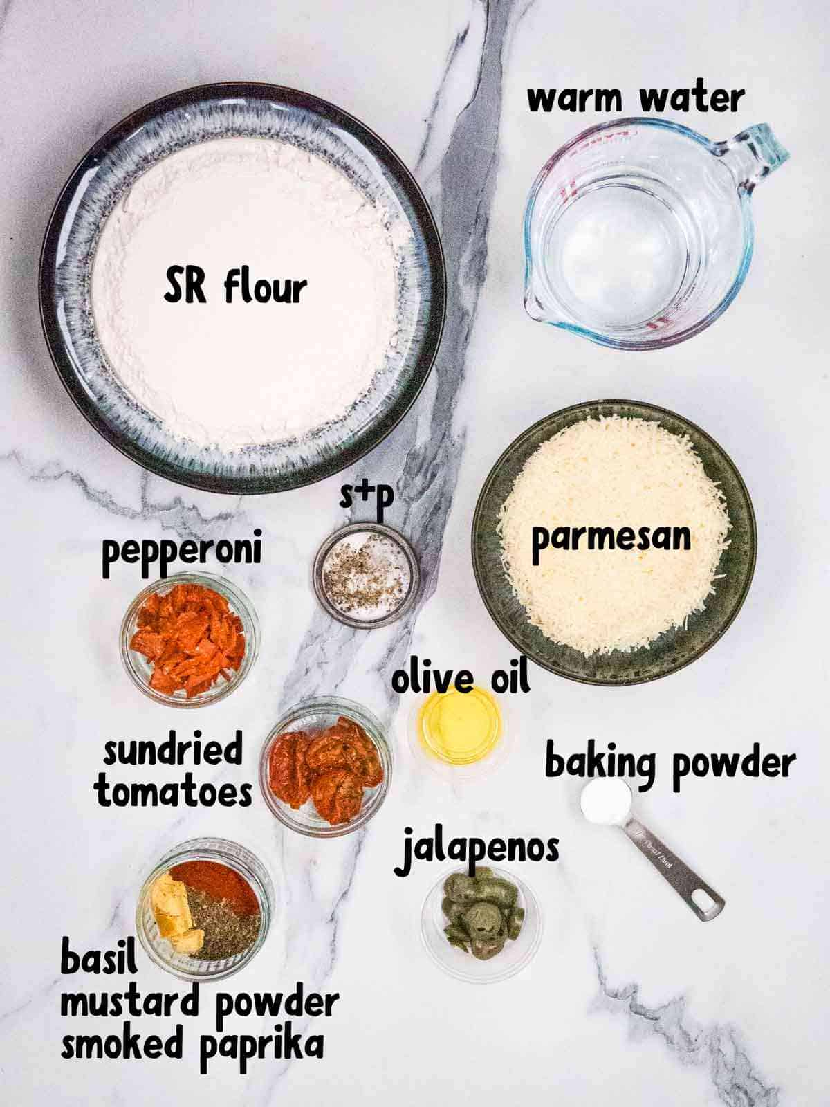 labelled ingredients needed fir vhesy Australian damper bread