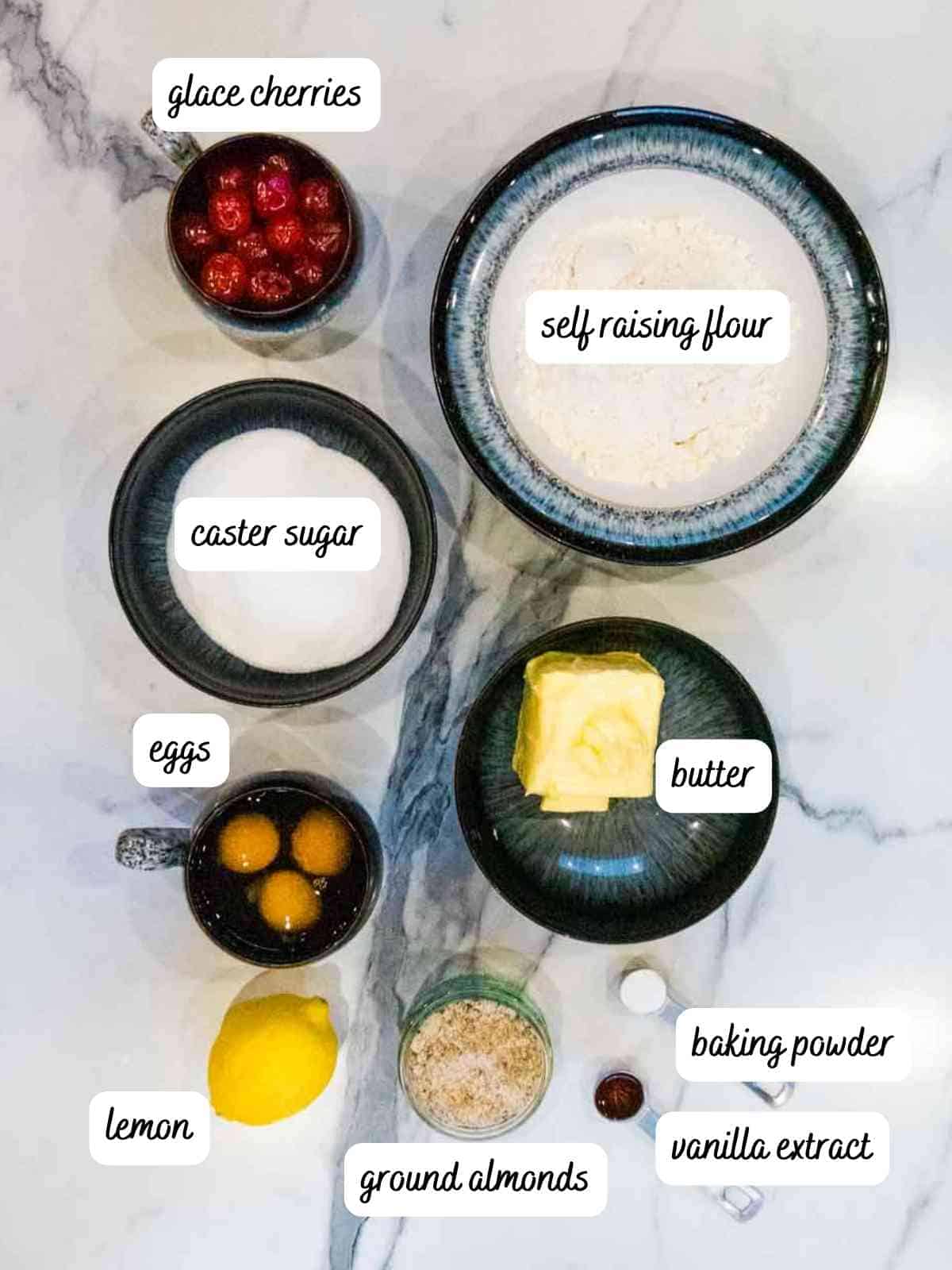 labelled ingredients for easy cherry cake loaf