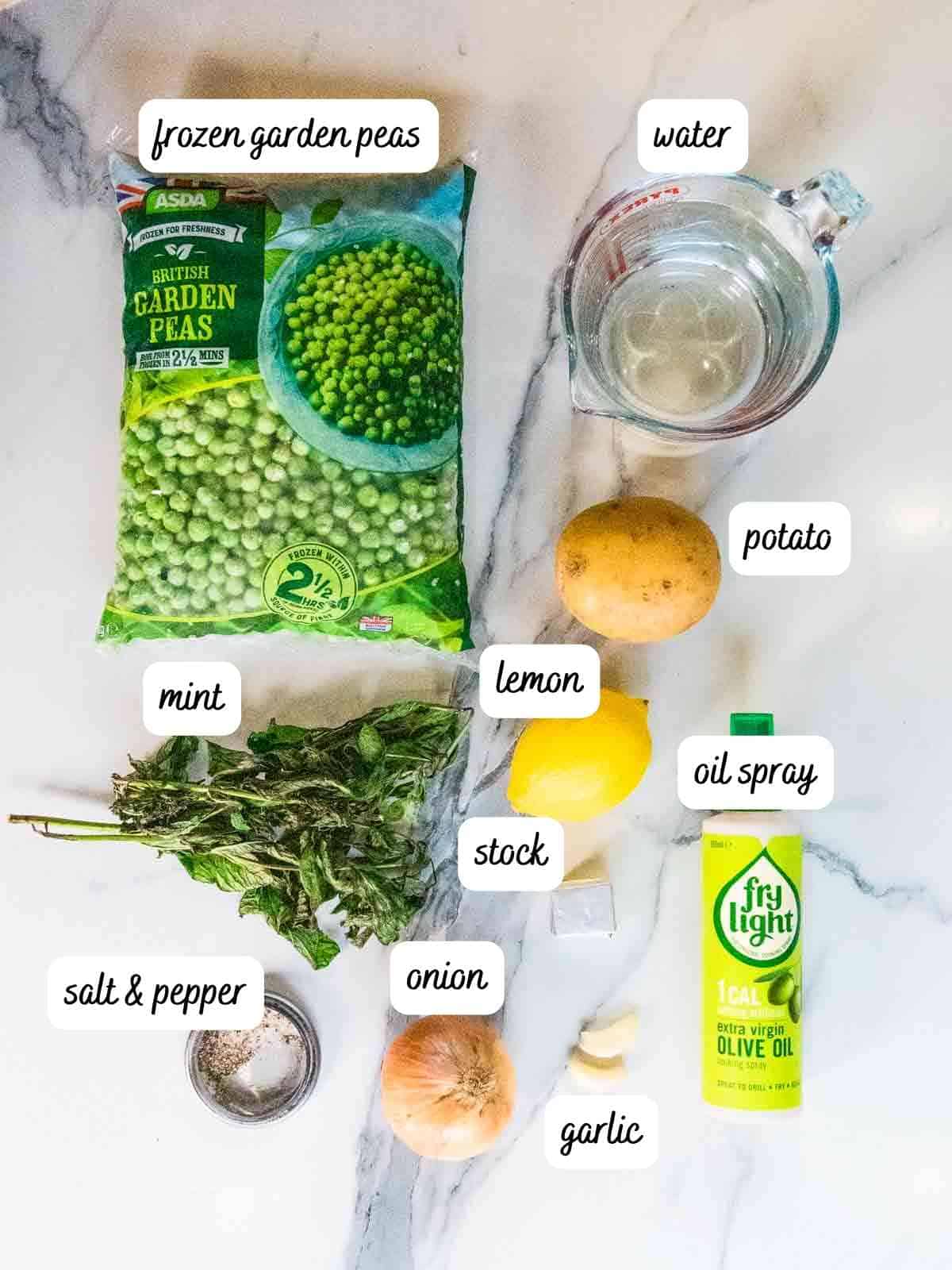 labelled ingredients for pea and mint soup