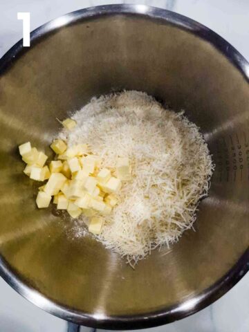 diced cold cutter, flour and grated cheese in a large stainless steel mixing bowl