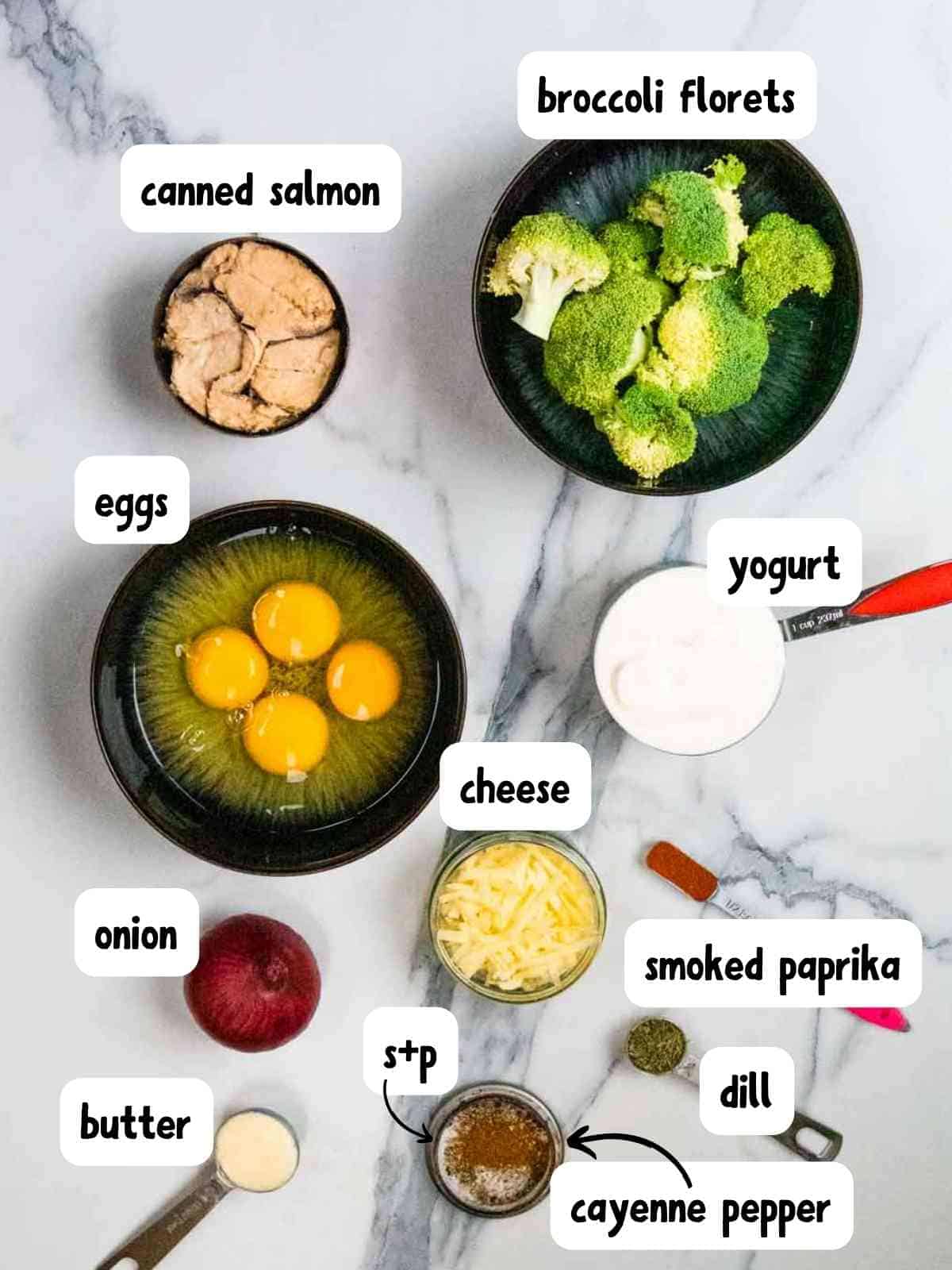 labelled ingredients needed for a healthy fish and broccoli quiche recipe