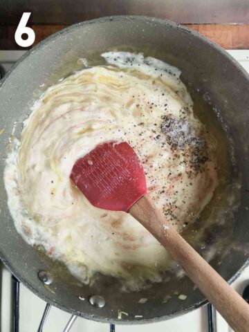 double cream, ketchup black pepper, cream, soy sauce, honey and mustard being stirred into a sauce for a meatball gravy