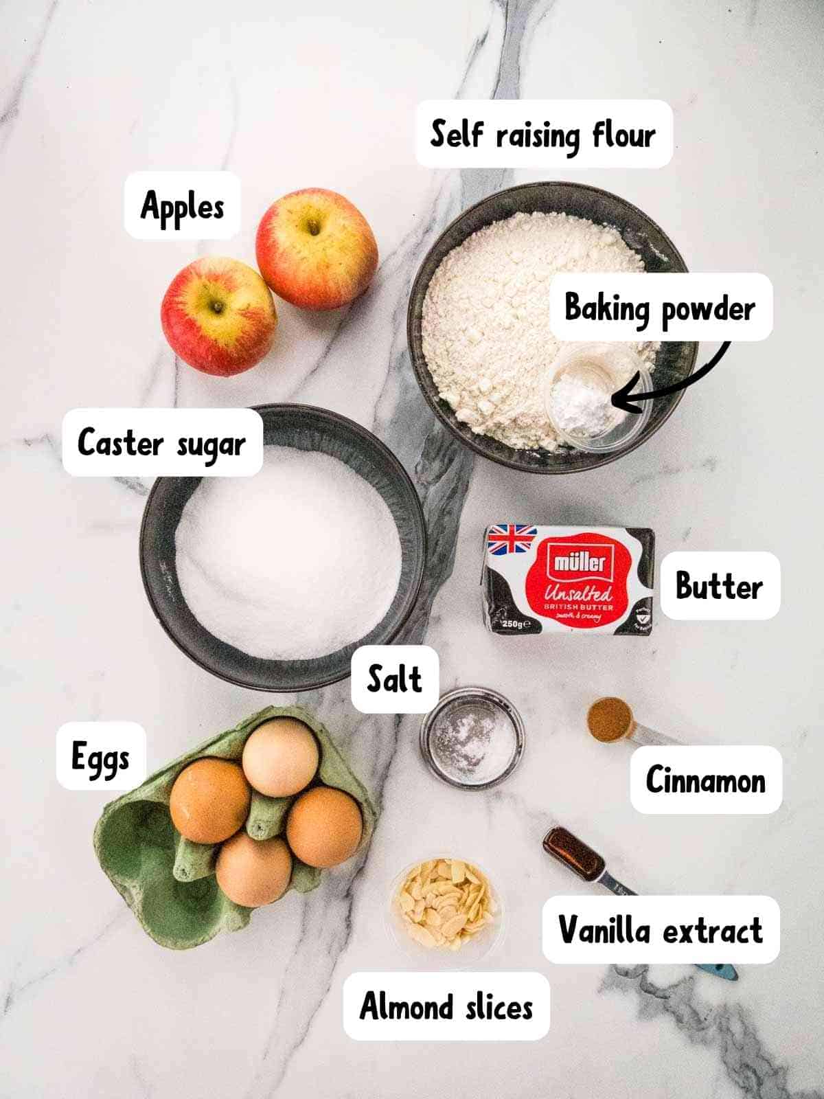labelled ingredients needed for homemade grated apple cake