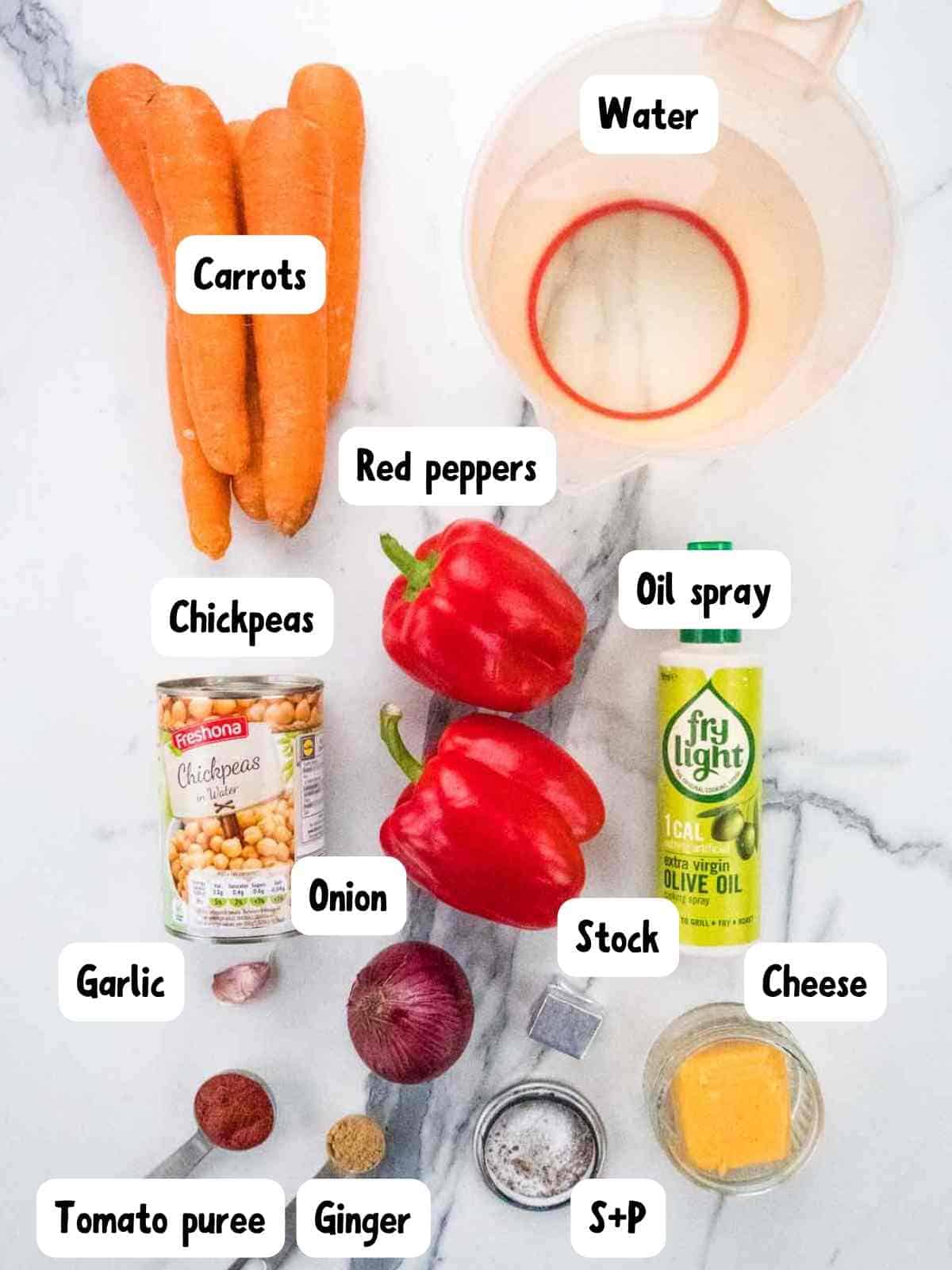 labelled ingredients for healthy carrot and red pepper soup