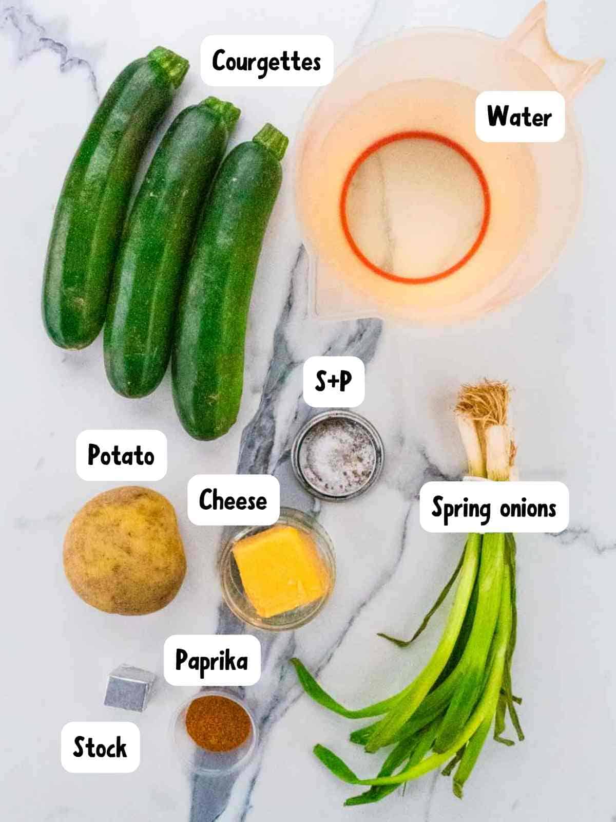 labelled ingredients needed to make healthy cheesy courgette soup