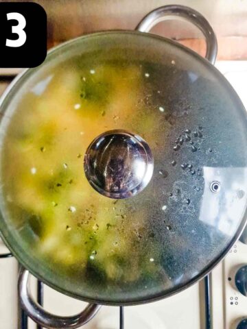 pan with lid simmering vegetable soup until softened