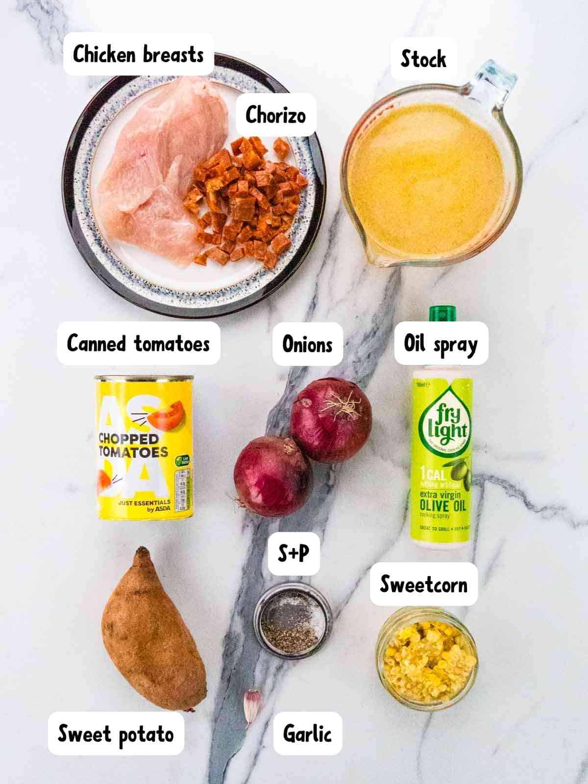 labelled ingredients needed for skinny chicken chorizo soup