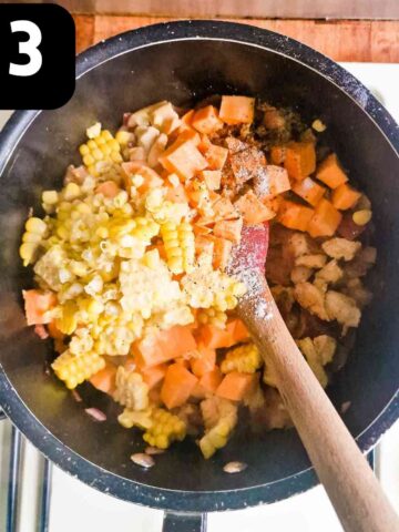diced sweet potato and sweetcorn kernels in a saucepan