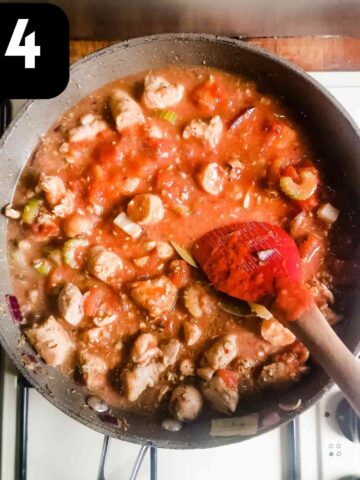 person stirring sauce ingredients in a one pot gumbo recipe