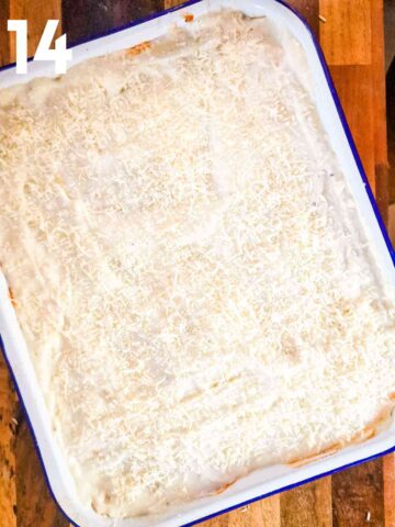 final top layer on an easy baked lasagne with finely grated hard cheese