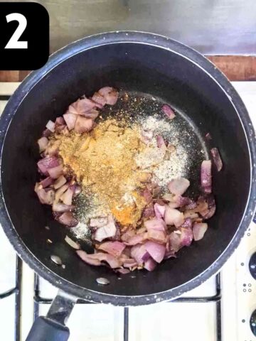 mixed curry spices in a pan with onions to toast