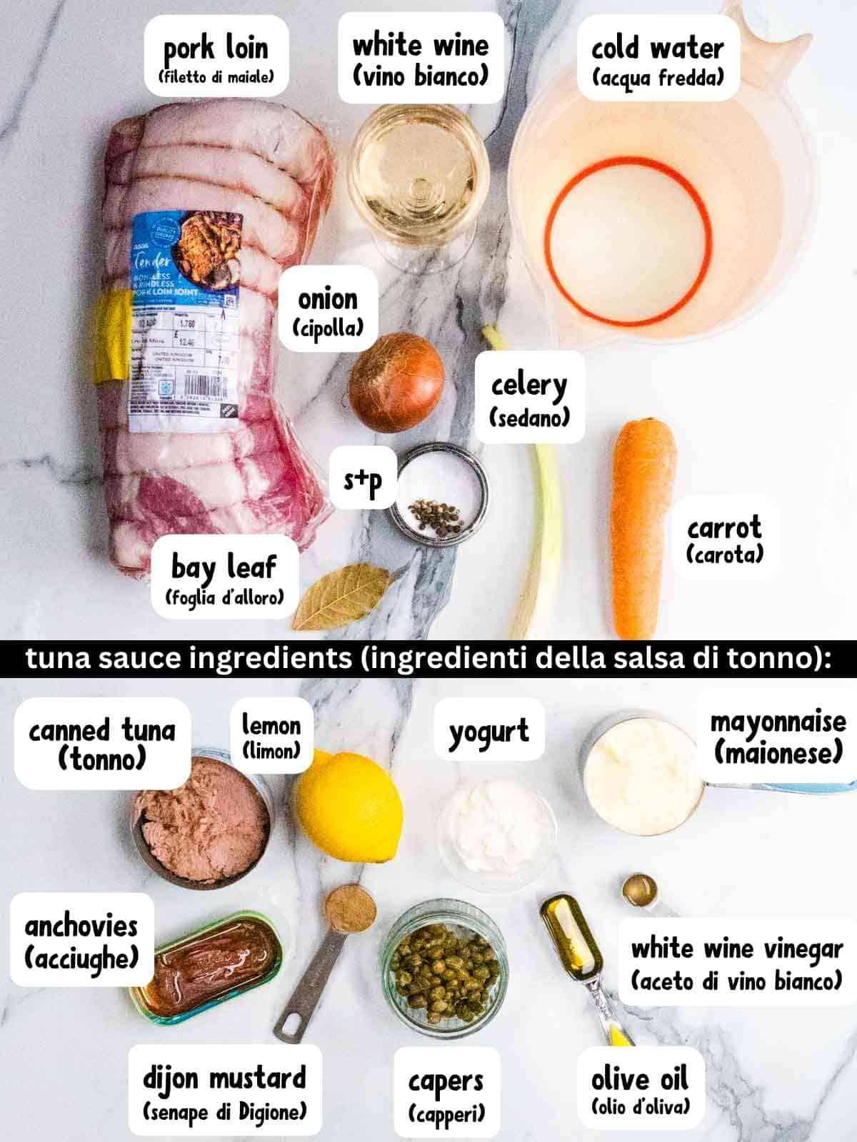 labelled ingredients to make Vitel Toné in English and Italian