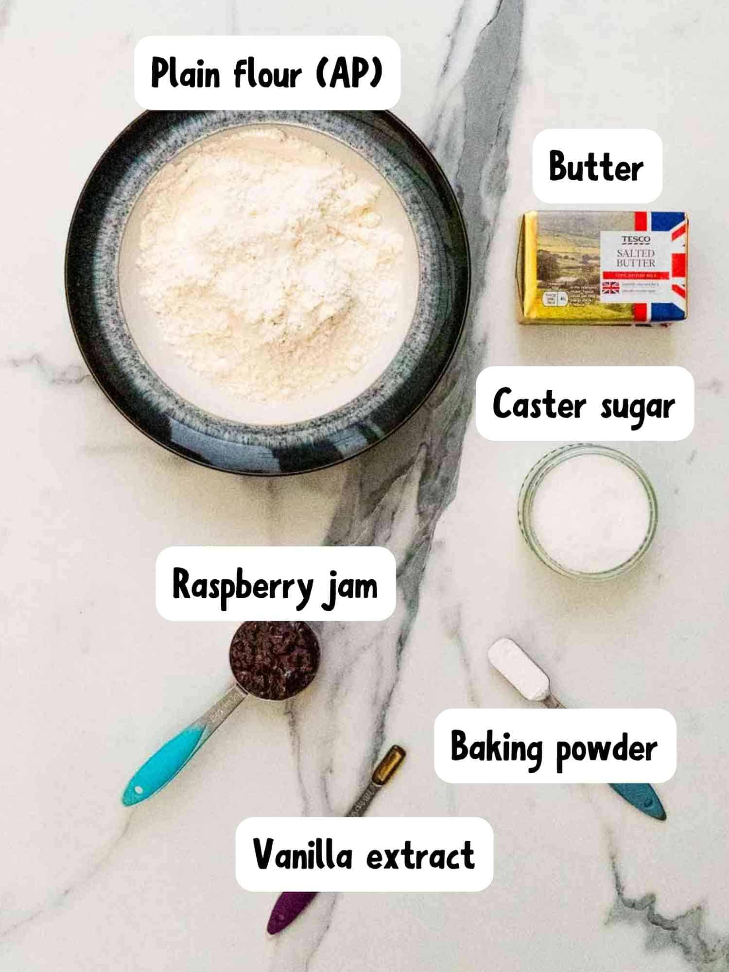 labelled ingredients needed for hallongrottor Swedish jam cookies (raspberry caves)